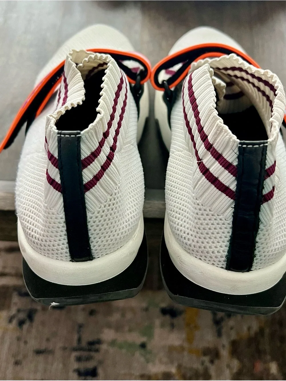 Fendi Cream Knit Slip-On Sneakers with Burgundy Stripe & Blue-Trim Orange Strap
